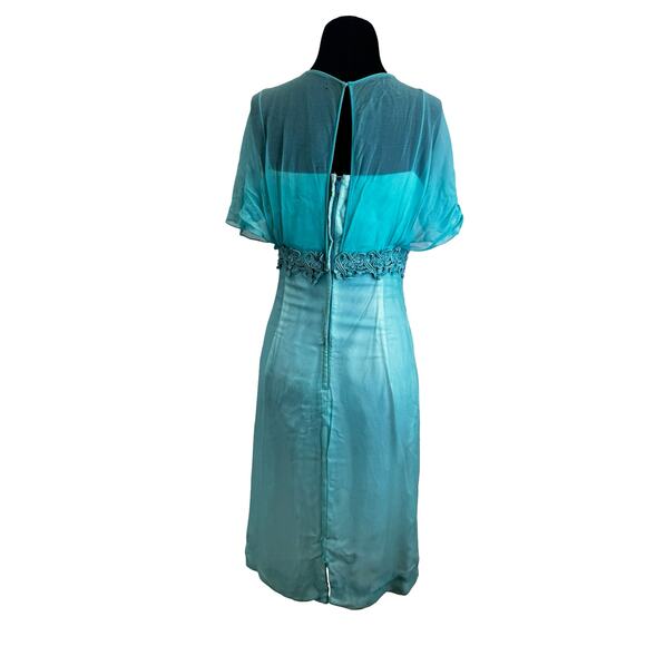 Vintage 1960s turquoise formal dress with floral trim and flutter sleeves. AS IS - Picture 9 of 14